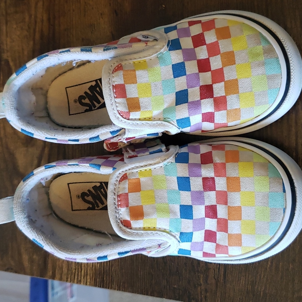 VANS, slip ons, Rainbow 🌈 Checkboard, Used Toddler size 9.5